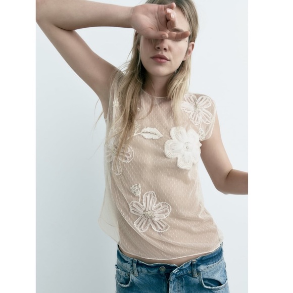 Zara Tops Zara Floral Embroidered Tulle Top Poshmark